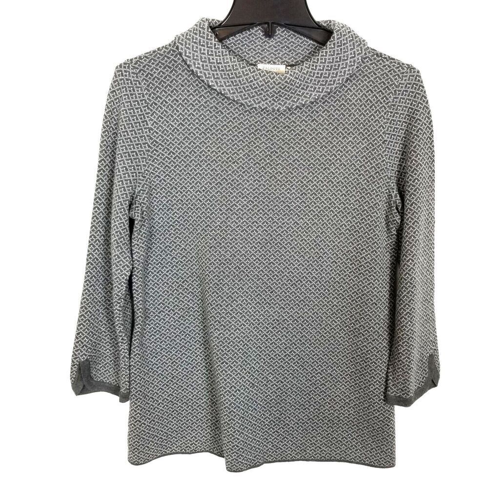 Talbots Women 3/4 Sleeve Mock Turtleneck Pullover Sweater Sz S Geometric Gray